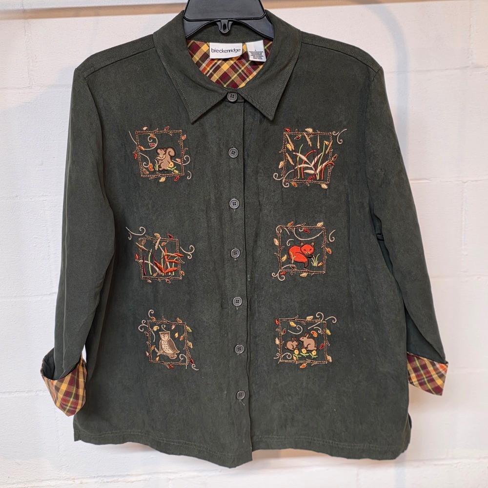 Breckenridge Forest Green Faux Suede Woodland Embroidered Button Shirt L Fall